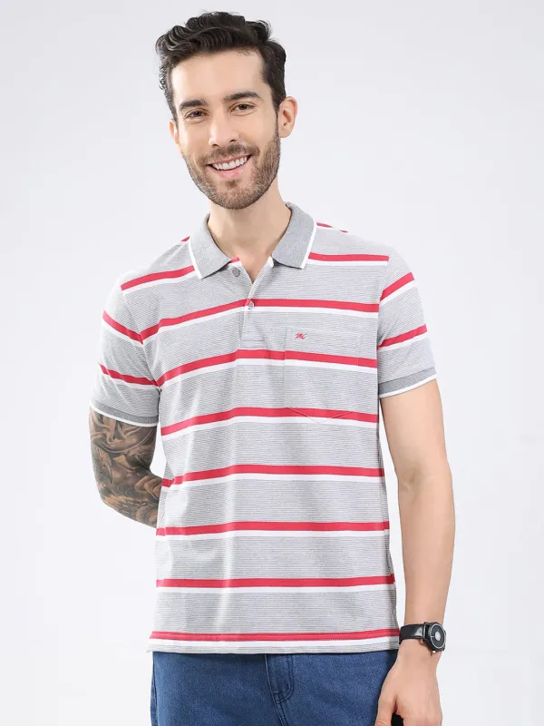 Men Grey Stripe Collar Half Sleeve T-Shirt made by Monte Carlo