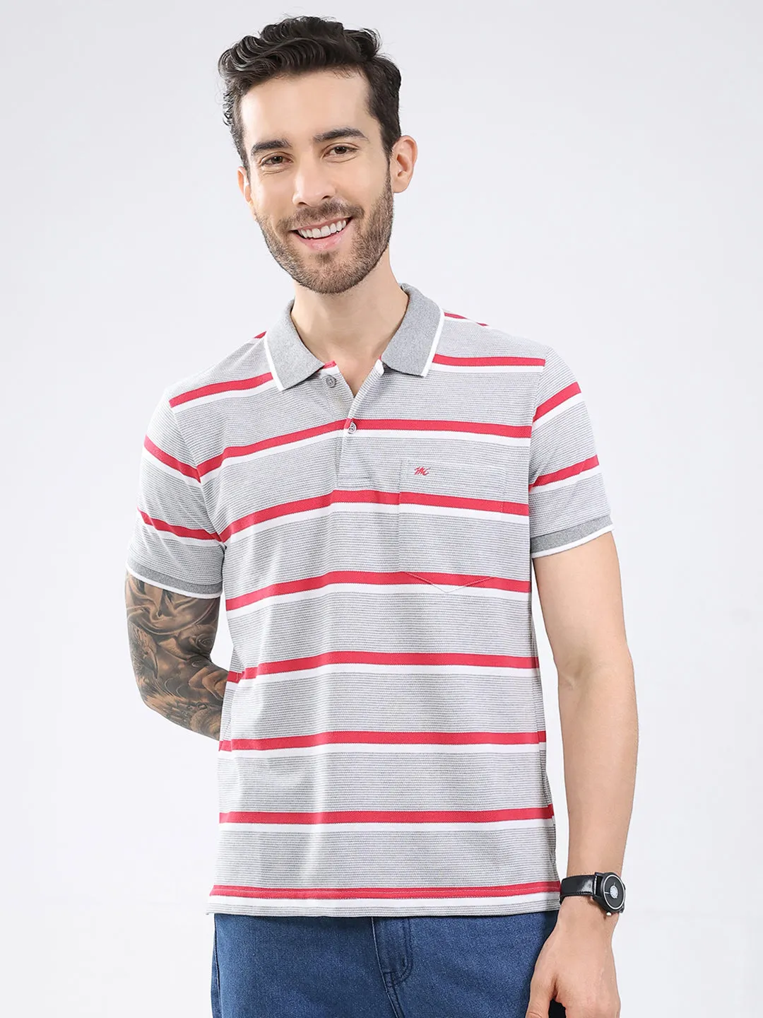 Men Grey Stripe Collar Half Sleeve T-Shirt sold by Monte Carlo