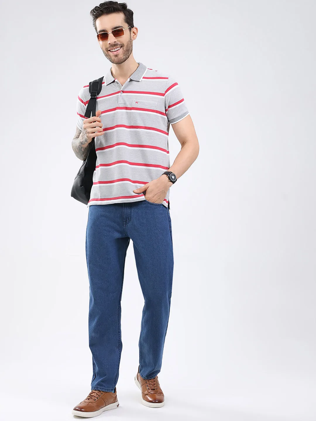 Men Grey Stripe Collar Half Sleeve T-Shirt sold by Monte Carlo product image thumbnail 2