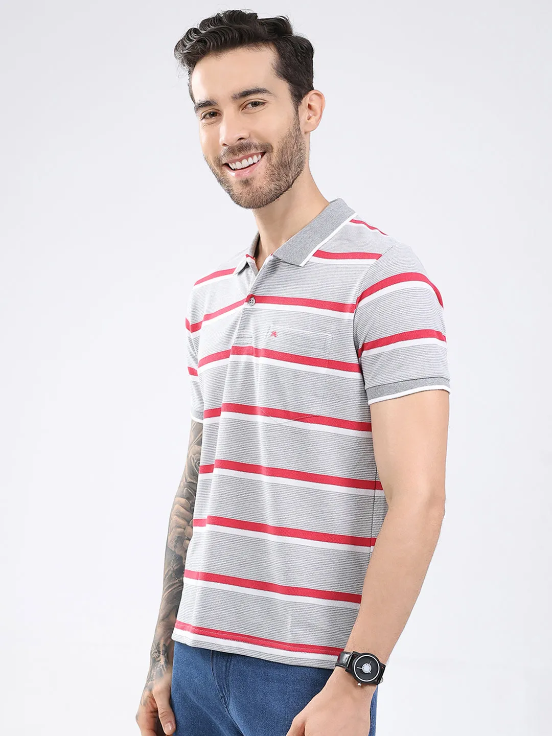 Men Grey Stripe Collar Half Sleeve T-Shirt sold by Monte Carlo product image thumbnail 3
