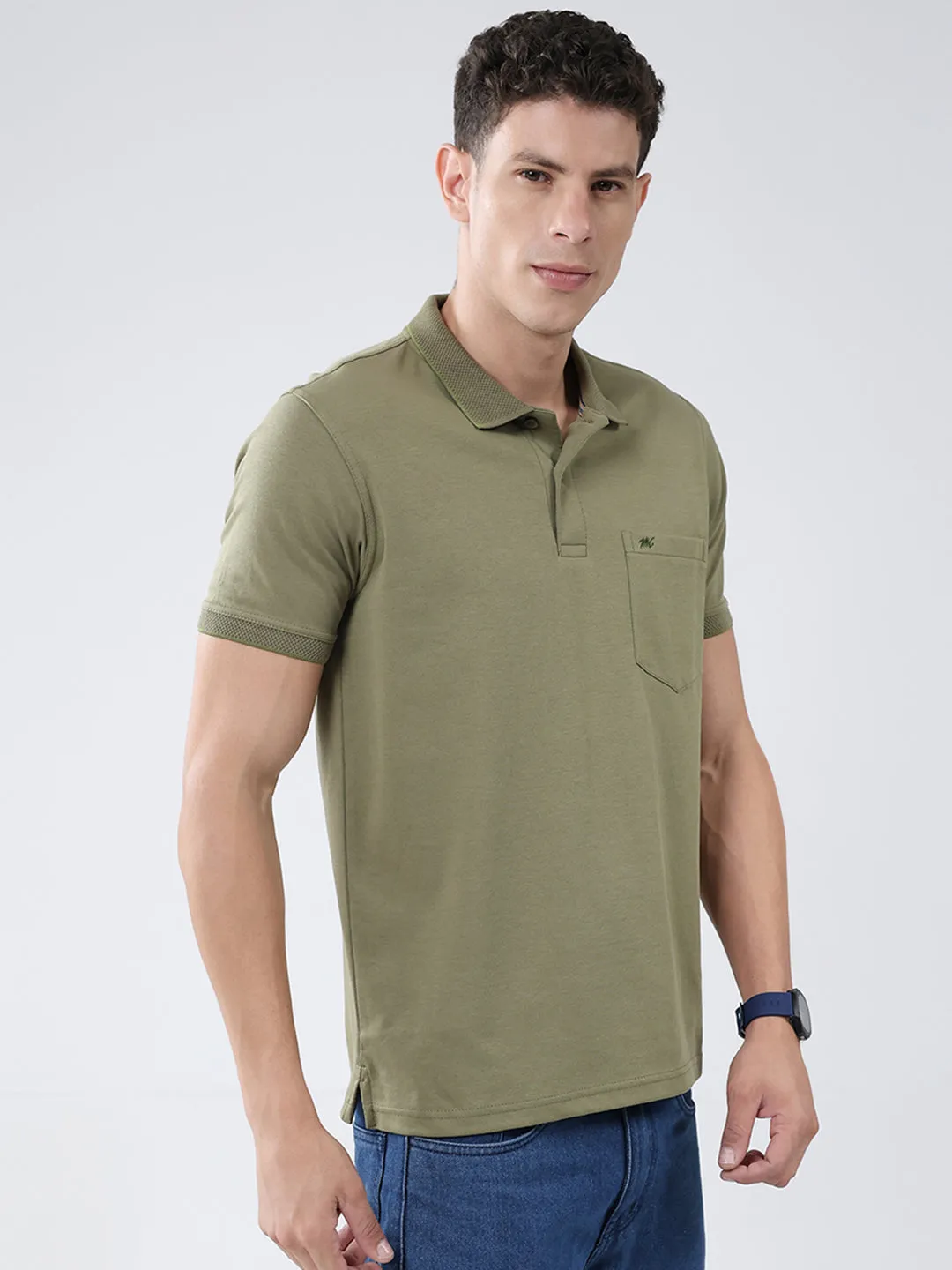 Men Olive Solid Collar Half Sleeve T-Shirt sold by Monte Carlo product image thumbnail 4
