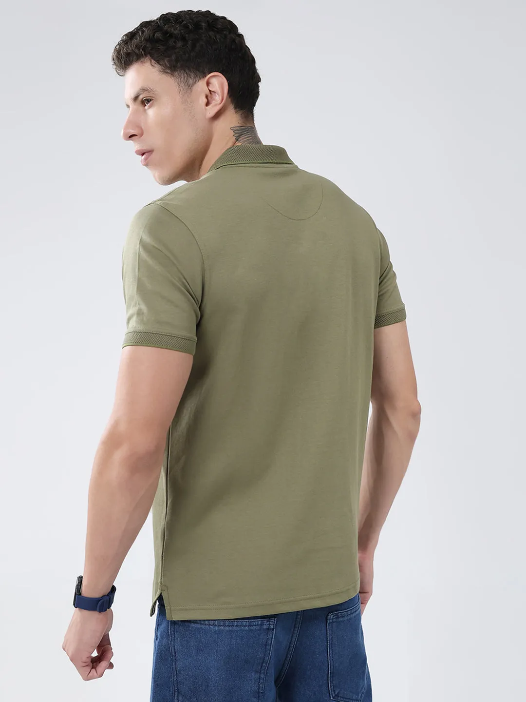 Men Olive Solid Collar Half Sleeve T-Shirt sold by Monte Carlo product image thumbnail 5