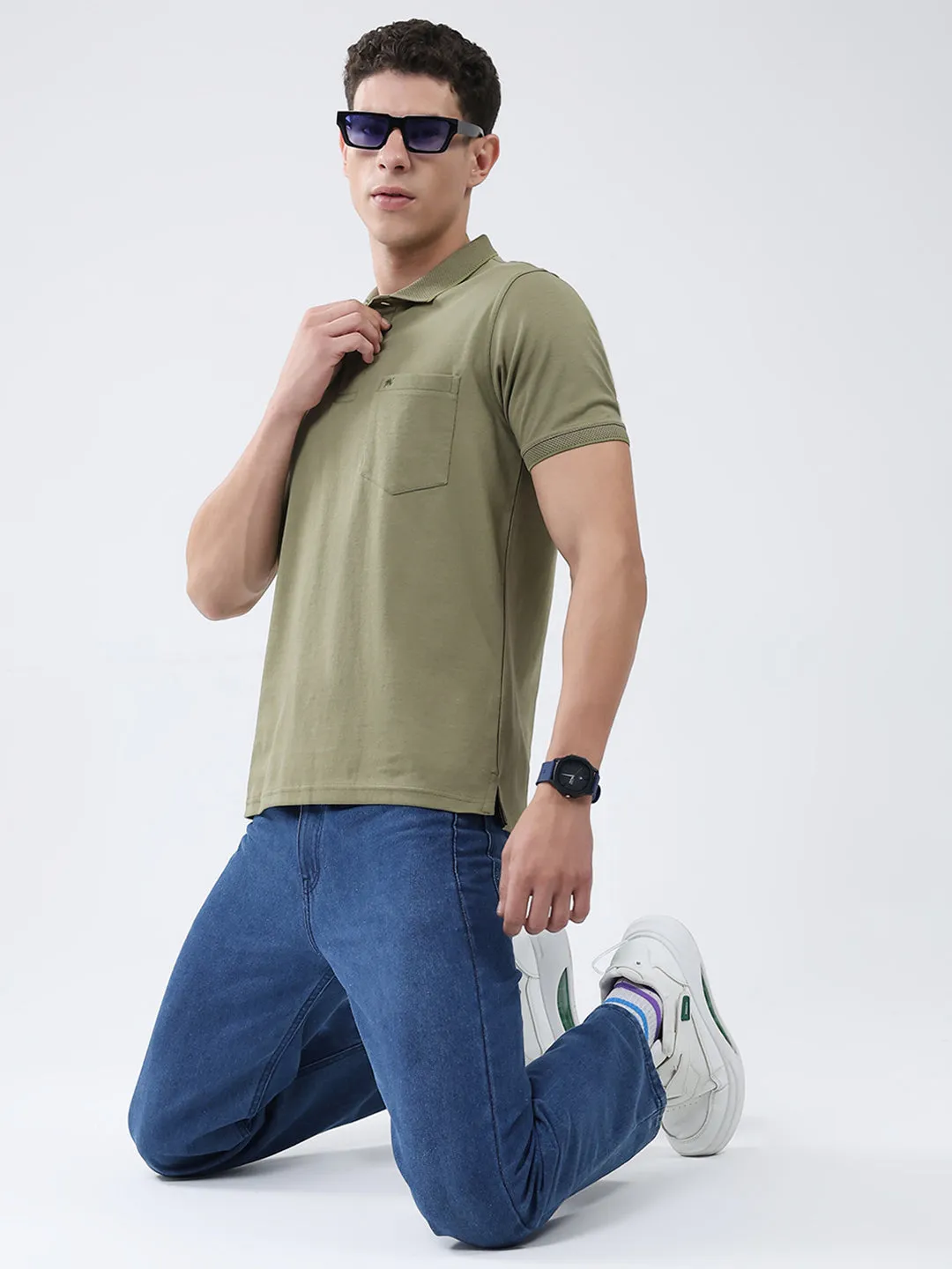 Men Olive Solid Collar Half Sleeve T-Shirt sold by Monte Carlo product image thumbnail 2