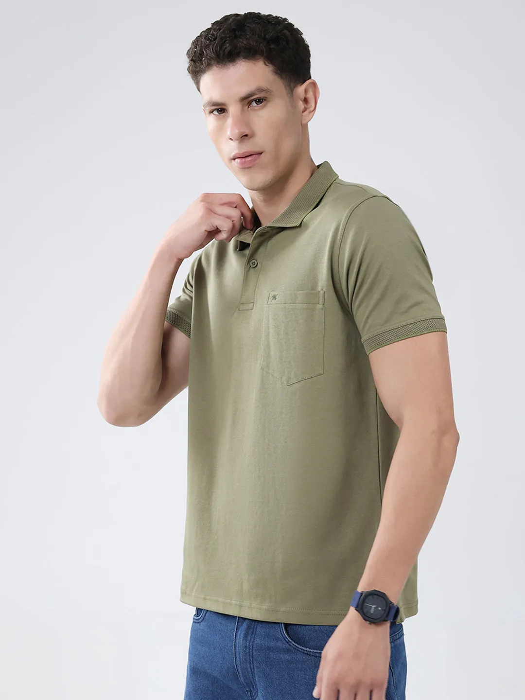Men Olive Solid Collar Half Sleeve T-Shirt sold by Monte Carlo product image thumbnail 3