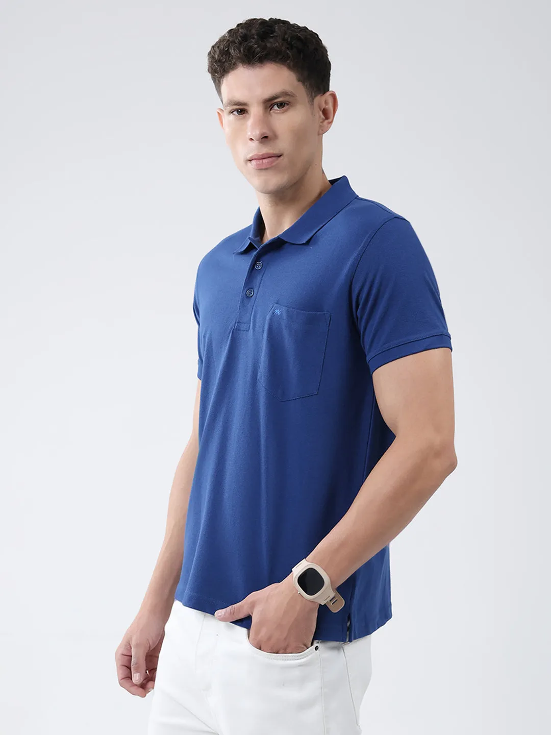 Men Blue Solid Collar Half Sleeve T-Shirt sold by Monte Carlo product image thumbnail 3