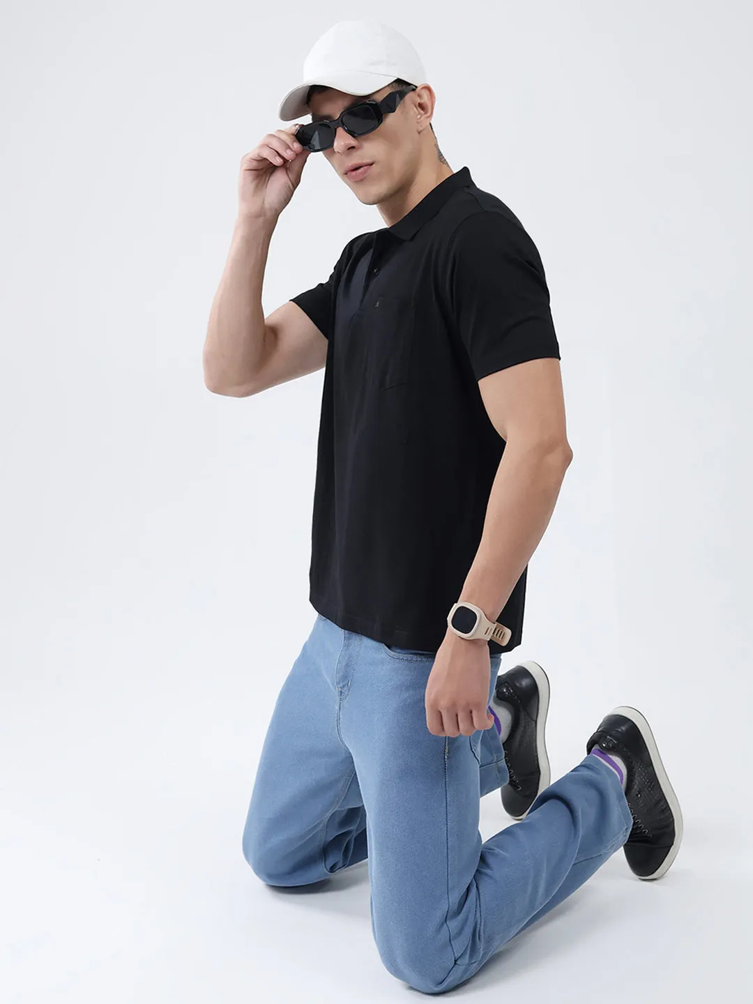 Men Black Solid Collar Half Sleeve T-Shirt sold by Monte Carlo product image thumbnail 2