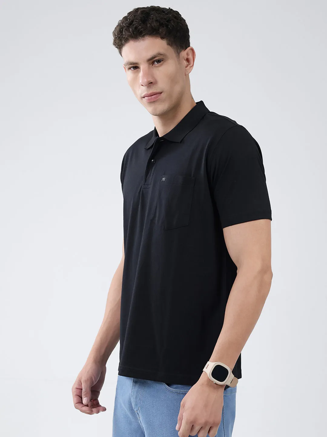 Men Black Solid Collar Half Sleeve T-Shirt sold by Monte Carlo product image thumbnail 3