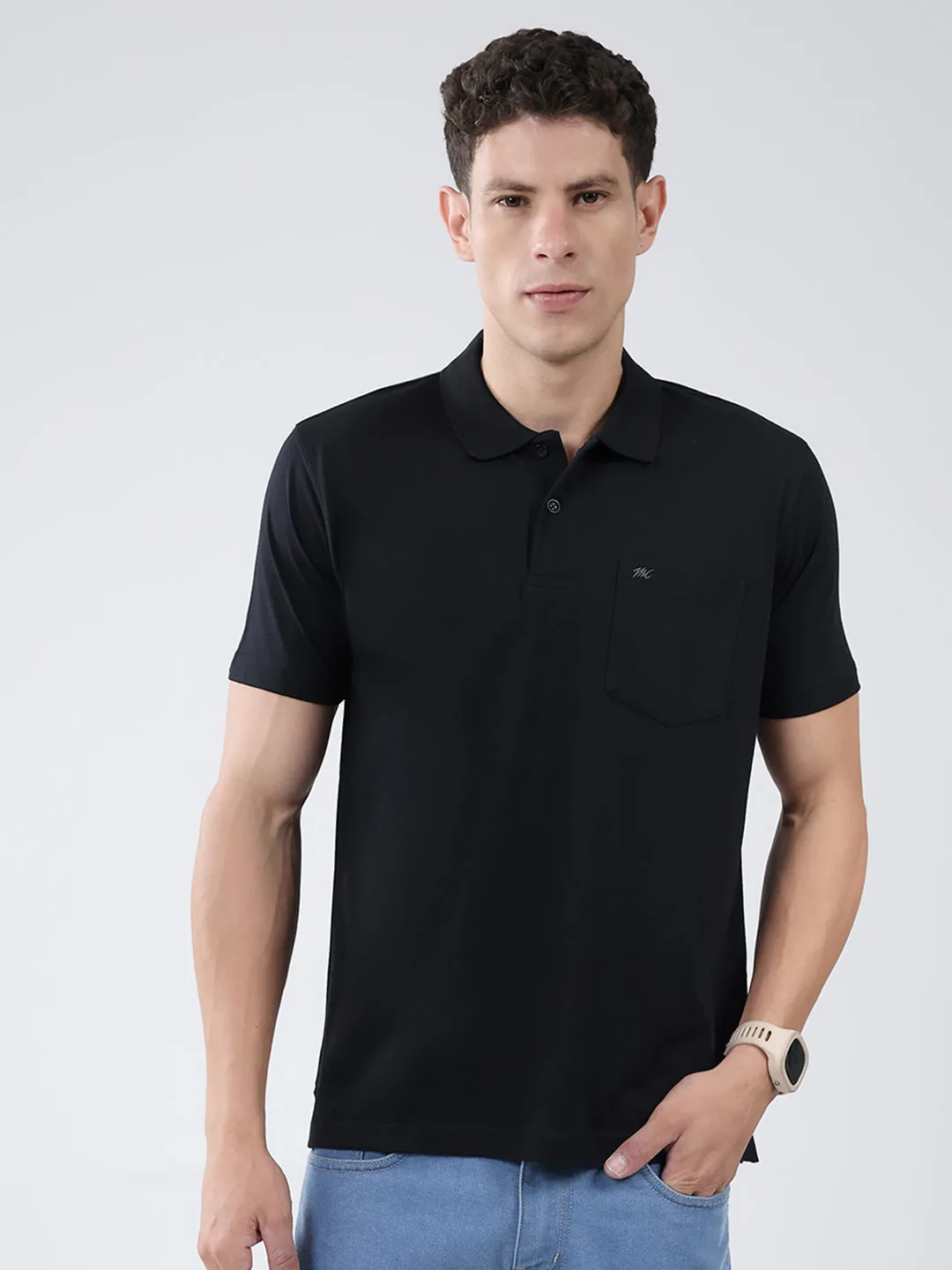 Men Black Solid Collar Half Sleeve T-Shirt sold by Monte Carlo
