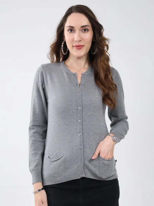 Women Grey Solid Round Neck Full Sleeve Cardigan sold by Monte Carlo