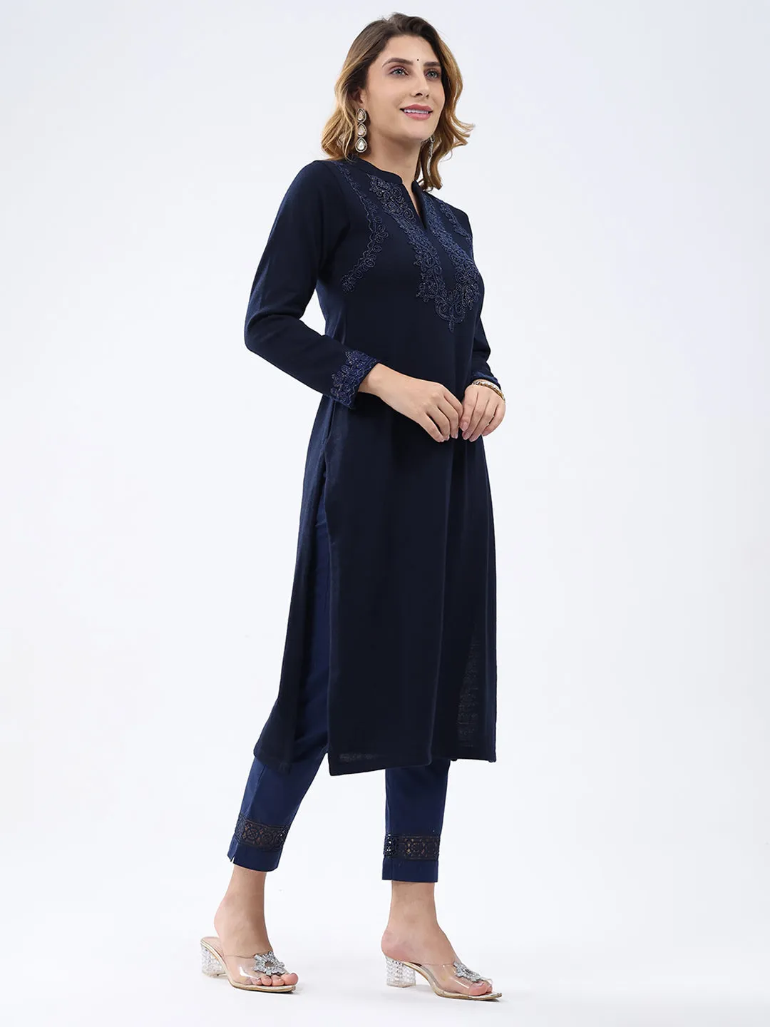 Women Navy Blue Self Design Round Neck Full Sleeve Winter Kurti sold by Monte Carlo product image thumbnail 4