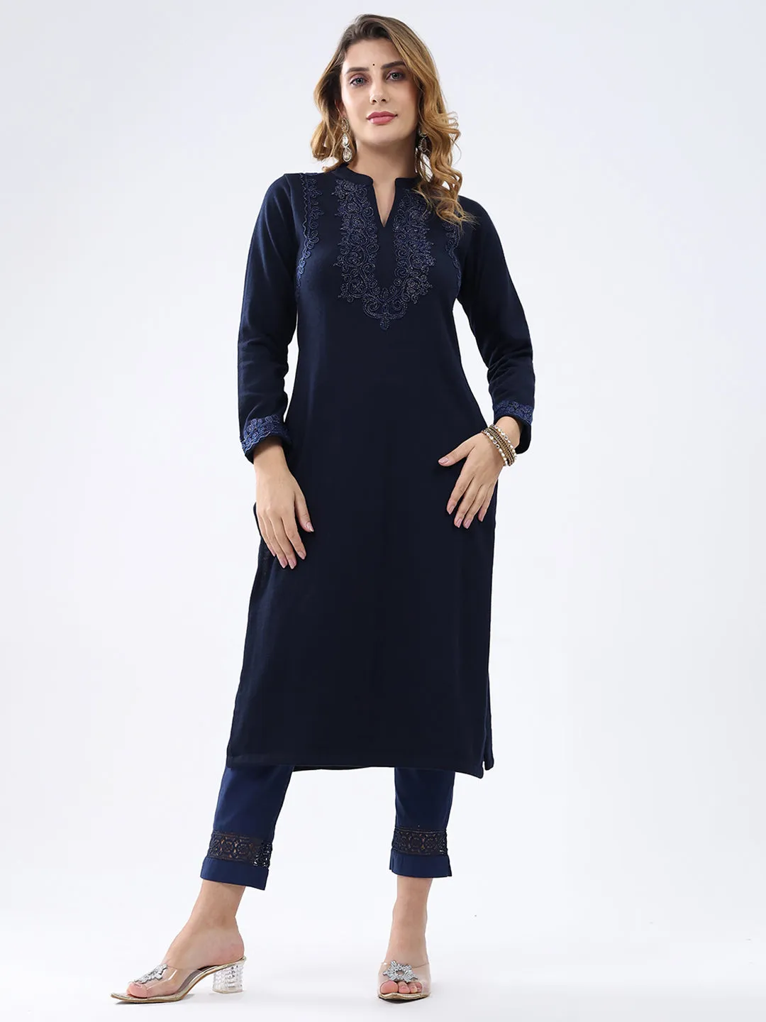Women Navy Blue Self Design Round Neck Full Sleeve Winter Kurti sold by Monte Carlo
