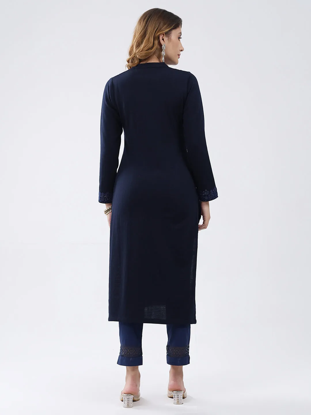 Women Navy Blue Self Design Round Neck Full Sleeve Winter Kurti sold by Monte Carlo product image thumbnail 5