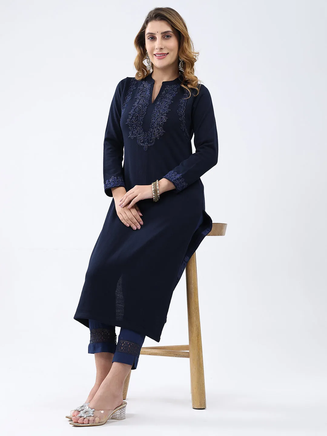 Women Navy Blue Self Design Round Neck Full Sleeve Winter Kurti sold by Monte Carlo product image thumbnail 2