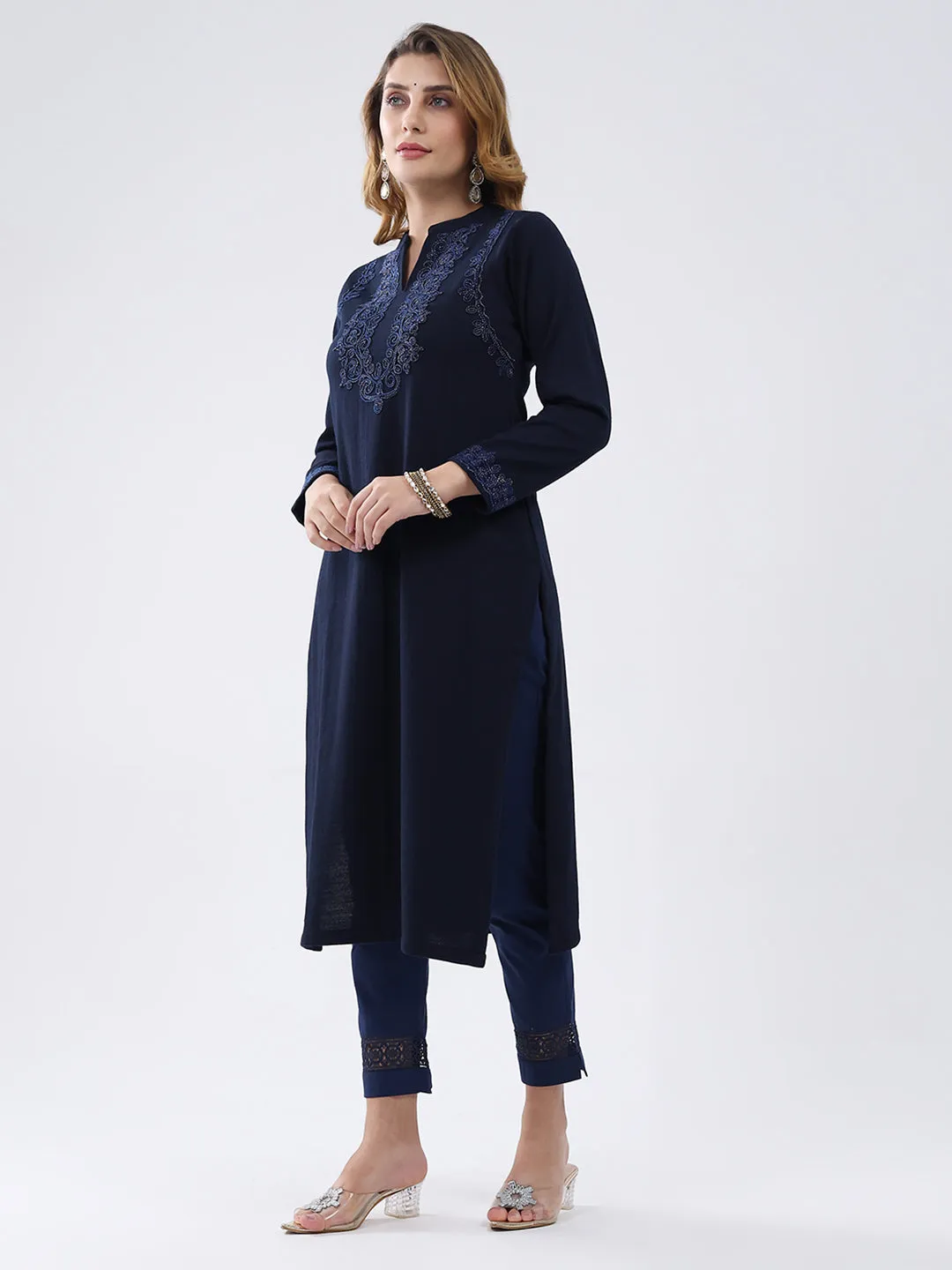 Women Navy Blue Self Design Round Neck Full Sleeve Winter Kurti sold by Monte Carlo product image thumbnail 3