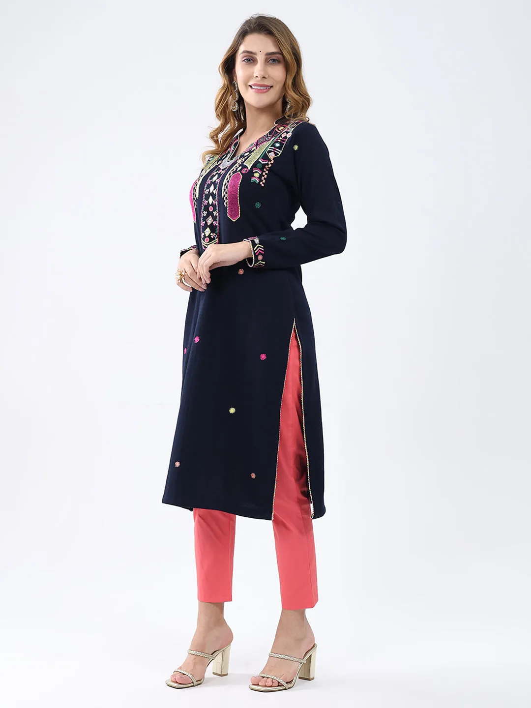 Women Navy Blue Self Design V Neck Full Sleeve Winter Kurti sold by Monte Carlo product image thumbnail 3