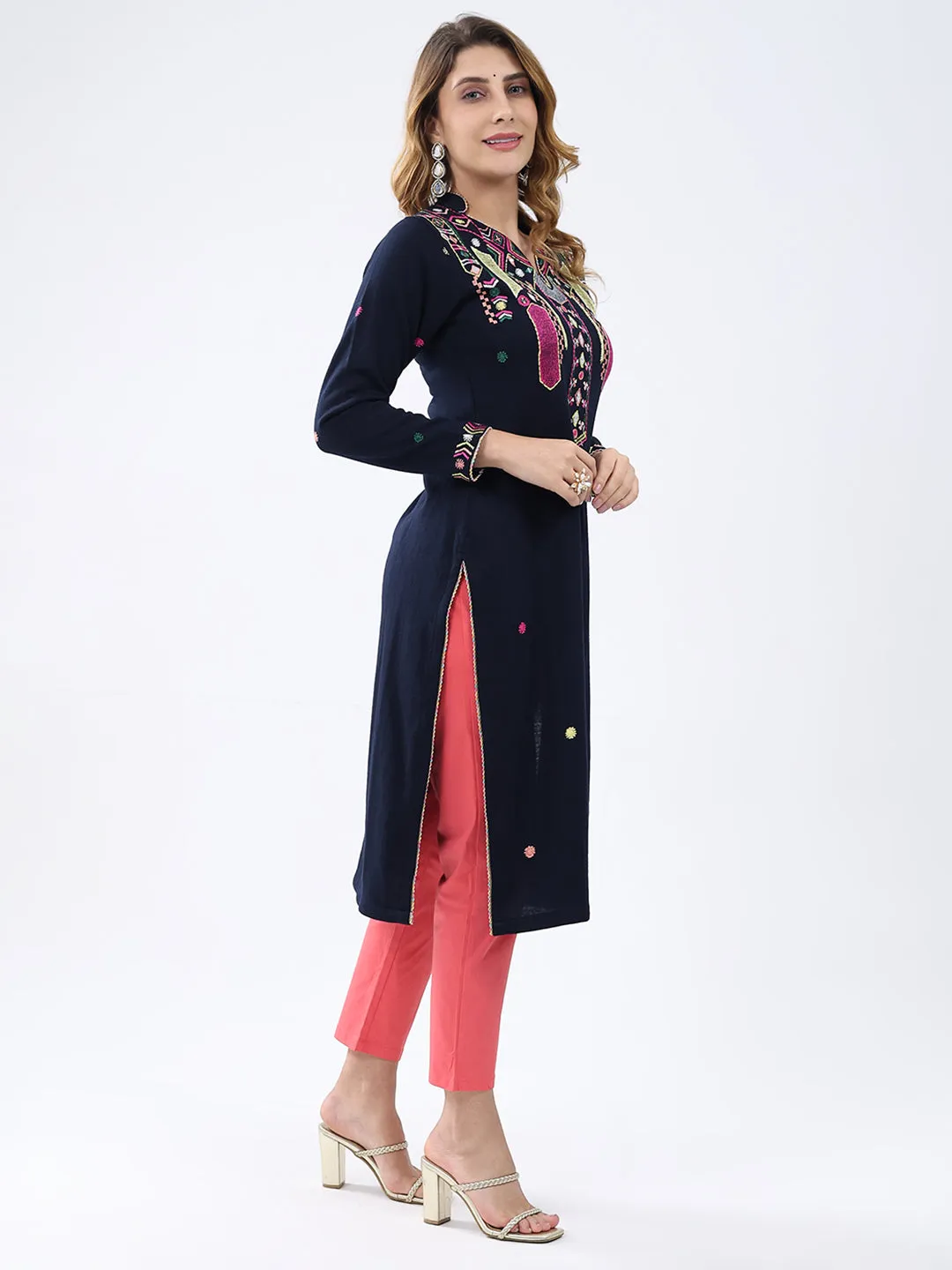 Women Navy Blue Self Design V Neck Full Sleeve Winter Kurti sold by Monte Carlo product image thumbnail 4