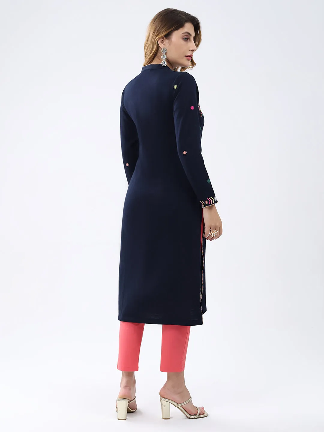 Women Navy Blue Self Design V Neck Full Sleeve Winter Kurti sold by Monte Carlo product image thumbnail 5