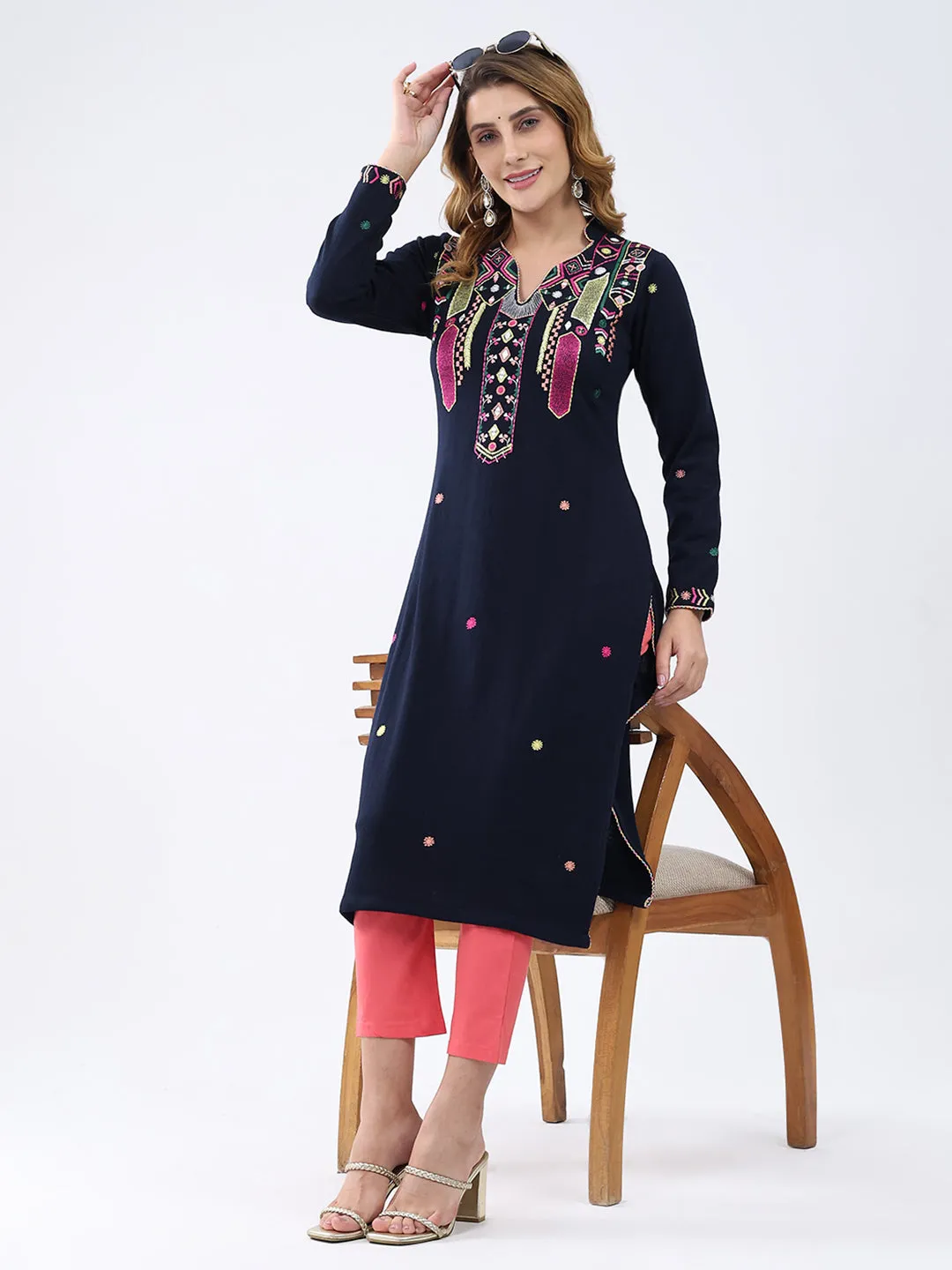 Women Navy Blue Self Design V Neck Full Sleeve Winter Kurti sold by Monte Carlo product image thumbnail 2