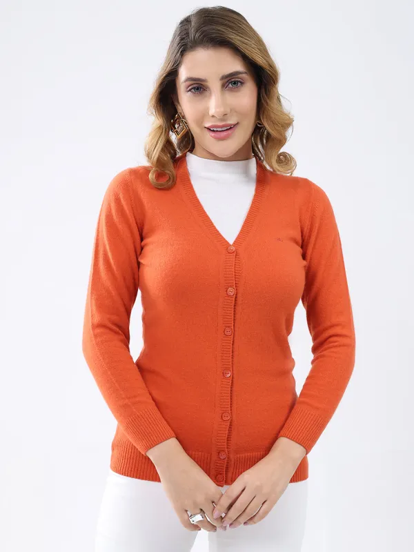 Women Orange Solid V Neck Full Sleeve Cardigan sold by Monte Carlo