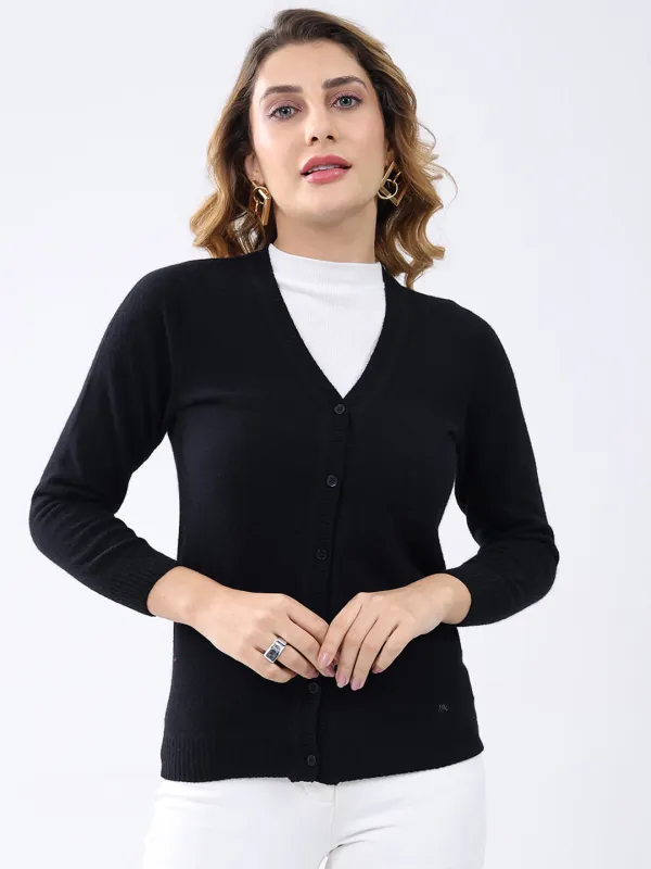 Women Black Solid V Neck Full Sleeve Cardigan sold by Monte Carlo