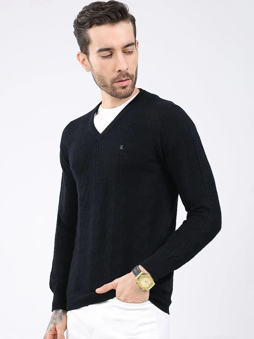 Luxuria Men Black Self Design V Neck Full Sleeve Pullover sold by Monte Carlo product image thumbnail 3