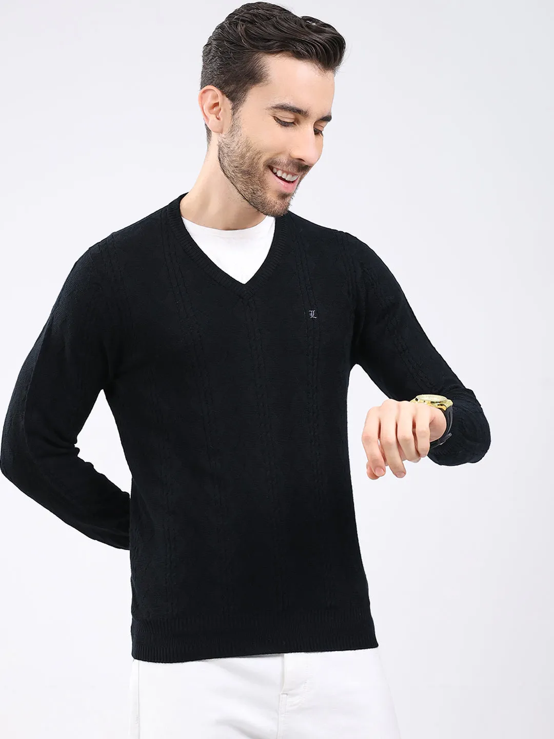Luxuria Men Black Self Design V Neck Full Sleeve Pullover sold by Monte Carlo product image thumbnail 4