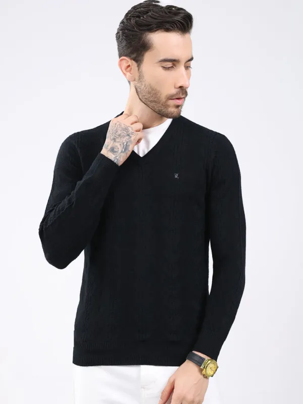 Luxuria Men Black Self Design V Neck Full Sleeve Pullover sold by Monte Carlo