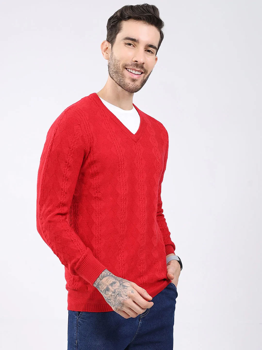 Luxuria Men Red Self Design V Neck Full Sleeve Pullover sold by Monte Carlo product image thumbnail 4
