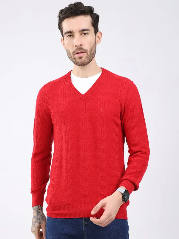 Luxuria Men Red Self Design V Neck Full Sleeve Pullover made by Monte Carlo