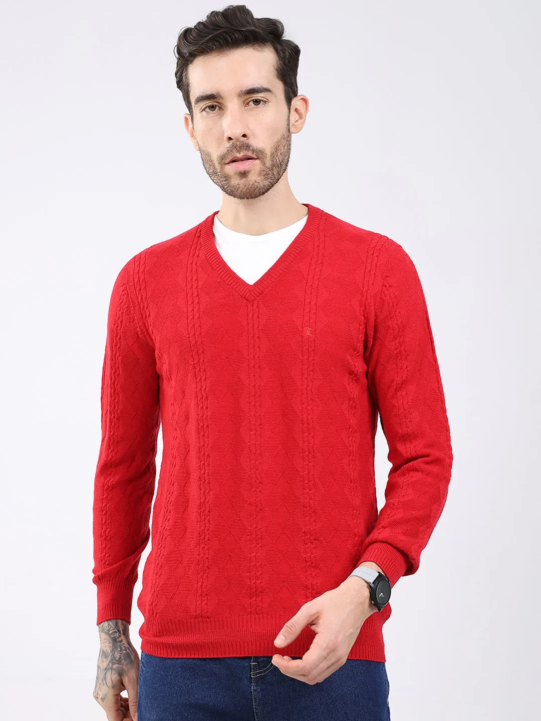 Luxuria Men Red Self Design V Neck Full Sleeve Pullover sold by Monte Carlo
