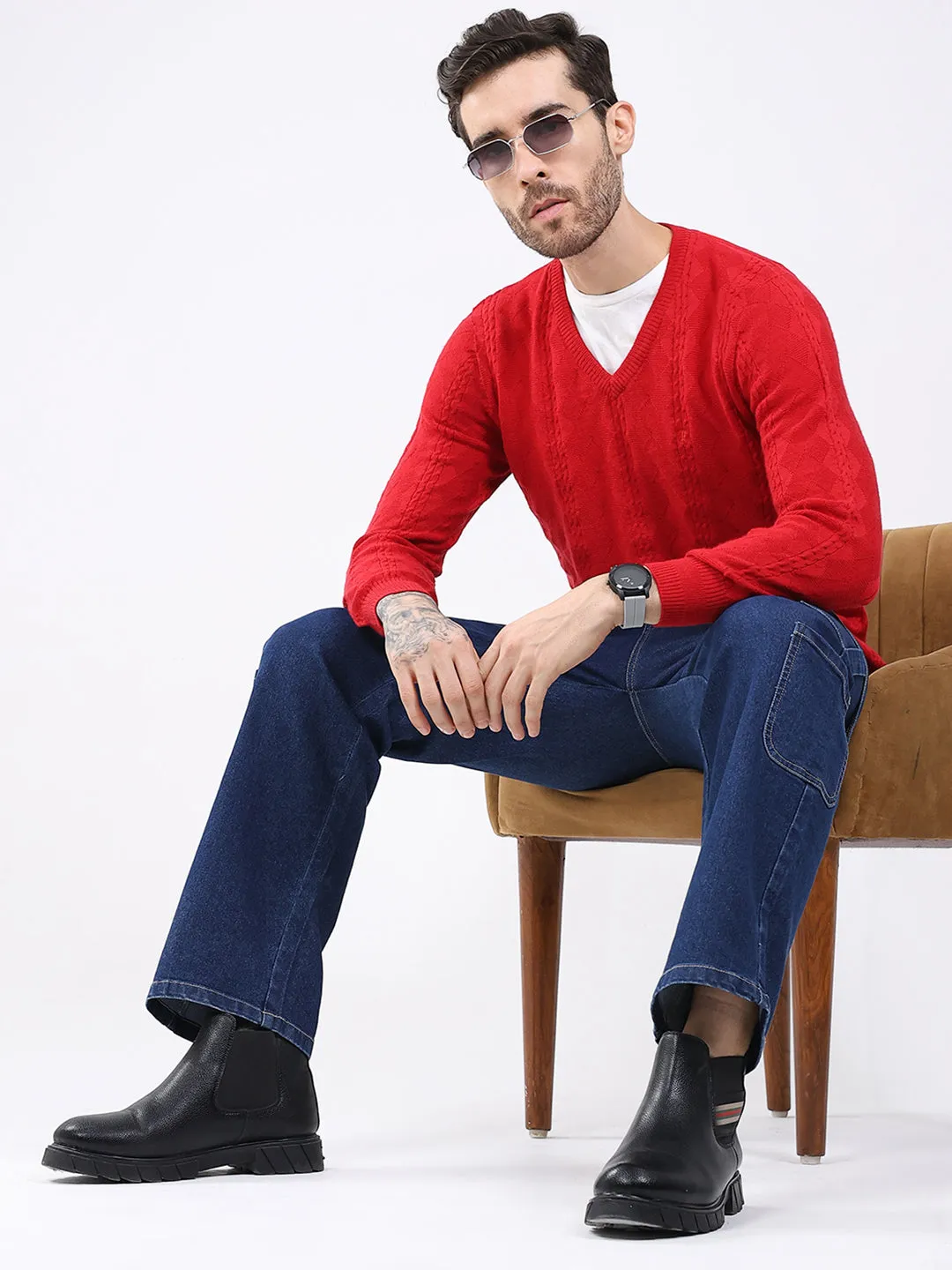 Luxuria Men Red Self Design V Neck Full Sleeve Pullover sold by Monte Carlo product image thumbnail 2