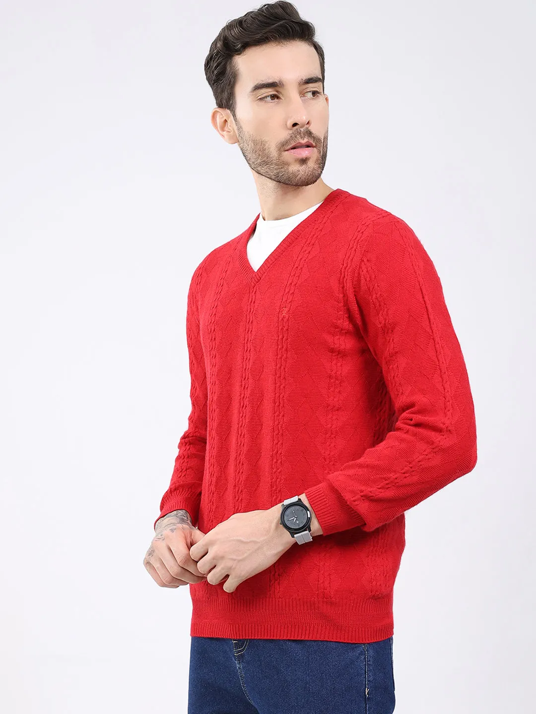 Luxuria Men Red Self Design V Neck Full Sleeve Pullover sold by Monte Carlo product image thumbnail 3
