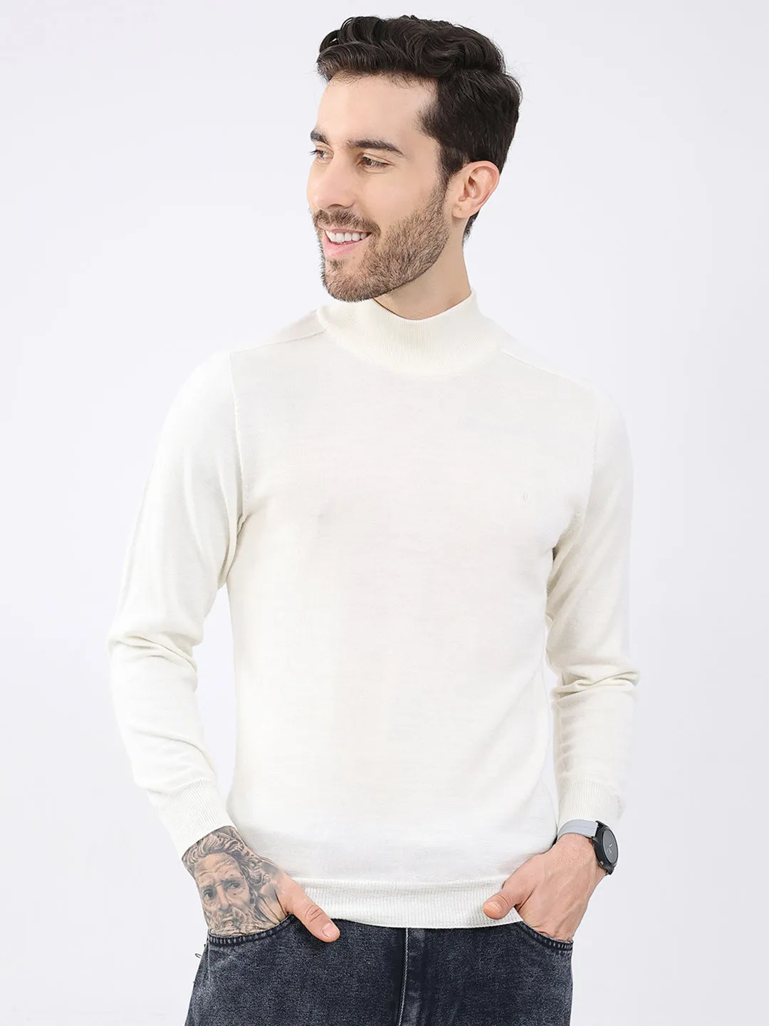 Luxuria Men White Solid High Neck Full Sleeve Pullover sold by Monte Carlo