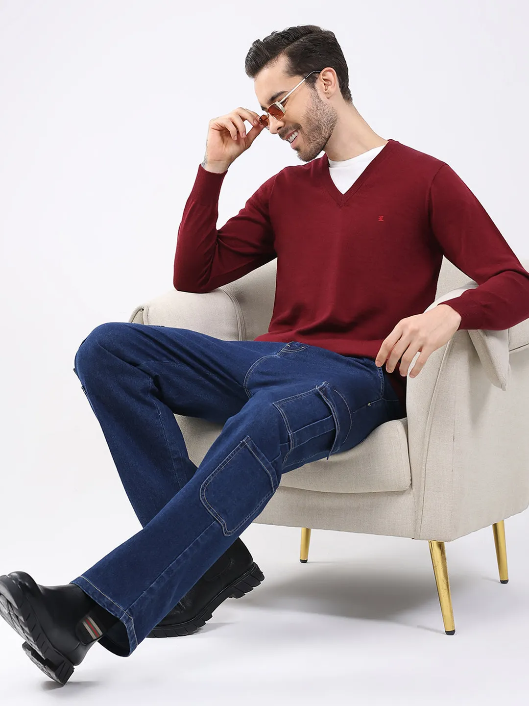Luxuria Men Maroon Solid V Neck Full Sleeve Pullover sold by Monte Carlo product image thumbnail 2