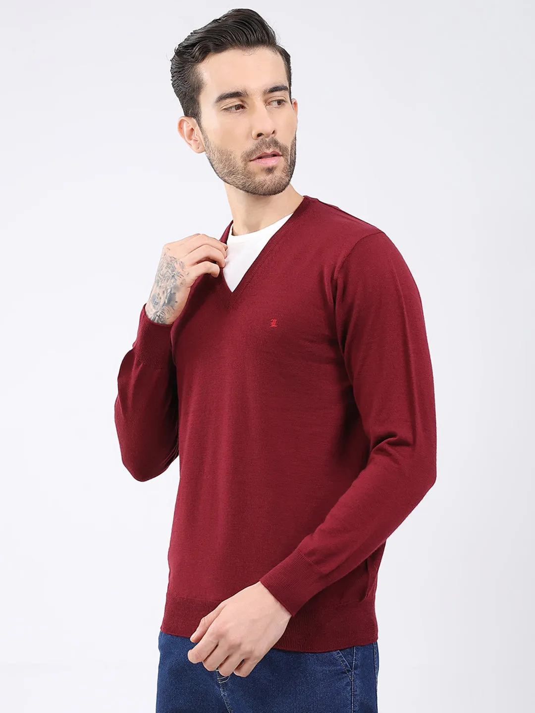 Luxuria Men Maroon Solid V Neck Full Sleeve Pullover sold by Monte Carlo product image thumbnail 3