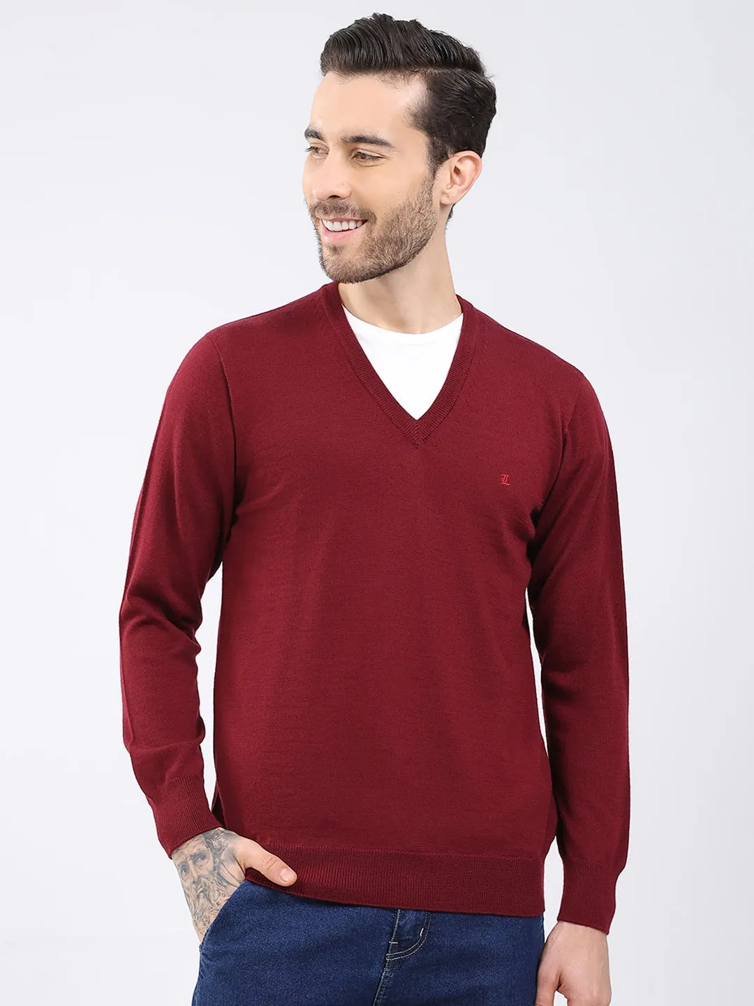 Luxuria Men Maroon Solid V Neck Full Sleeve Pullover sold by Monte Carlo