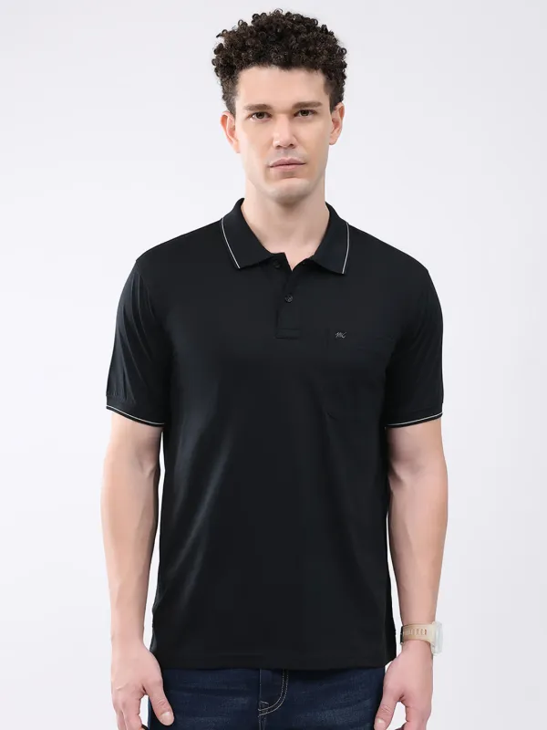 Men Black Solid Collar Half Sleeve T-Shirt made by Monte Carlo