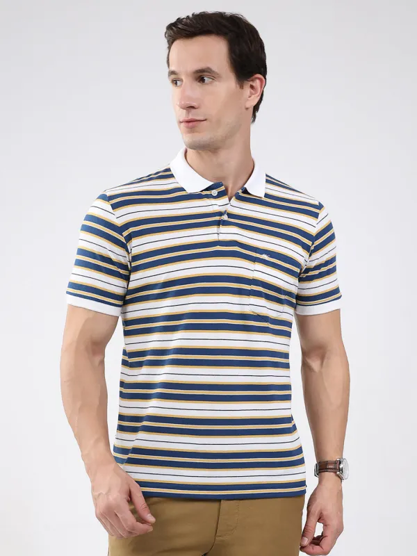 Men White & Blue Stripe Collar Half Sleeve T-Shirt made by Monte Carlo