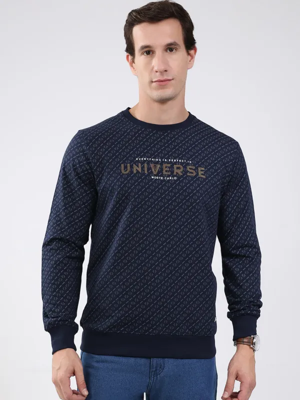 Men Navy Blue Printed Round Neck Full Sleeve Winter T-Shirt sold by Monte Carlo