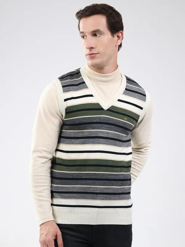 Men White & Grey Stripe V Neck Sleeveless Sweater sold by Monte Carlo