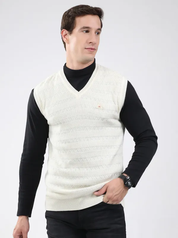Men White Self Design V Neck Sleeveless Sweater made by Monte Carlo