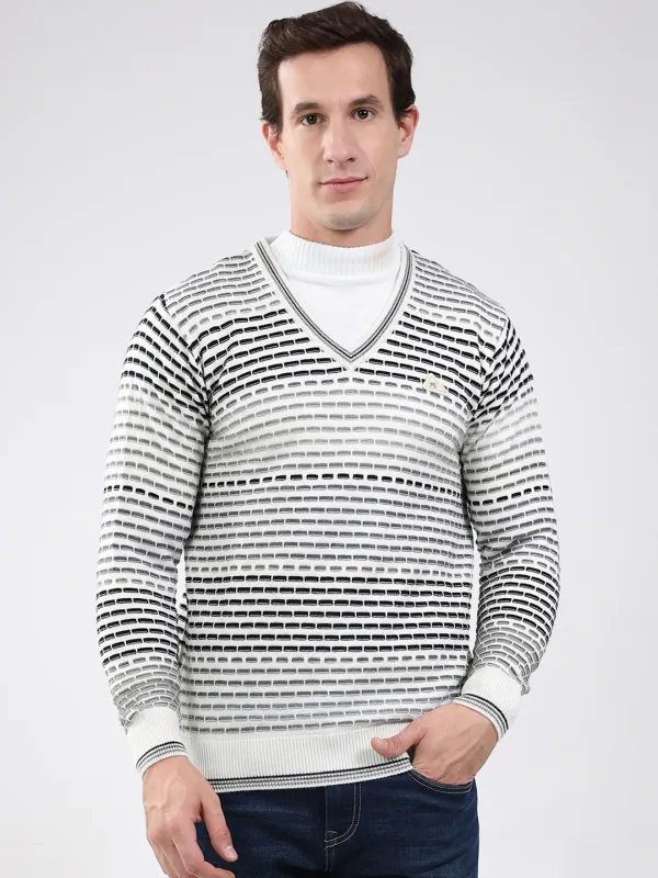 Men White Stripe V Neck Full Sleeve Pullover sold by Monte Carlo