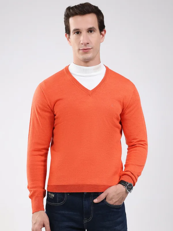 Luxuria Men Orange Solid V Neck Full Sleeve Pullover sold by Monte Carlo