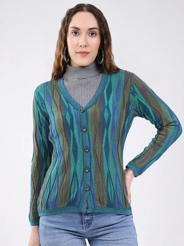 Women Green Printed V Neck Full Sleeve Cardigan sold by Monte Carlo