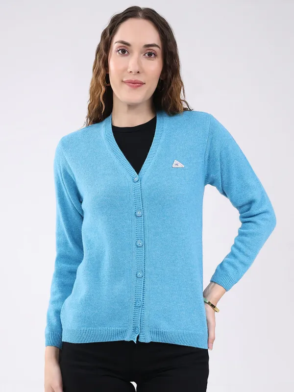 Women Blue Solid V Neck Full Sleeve Cardigan sold by Monte Carlo