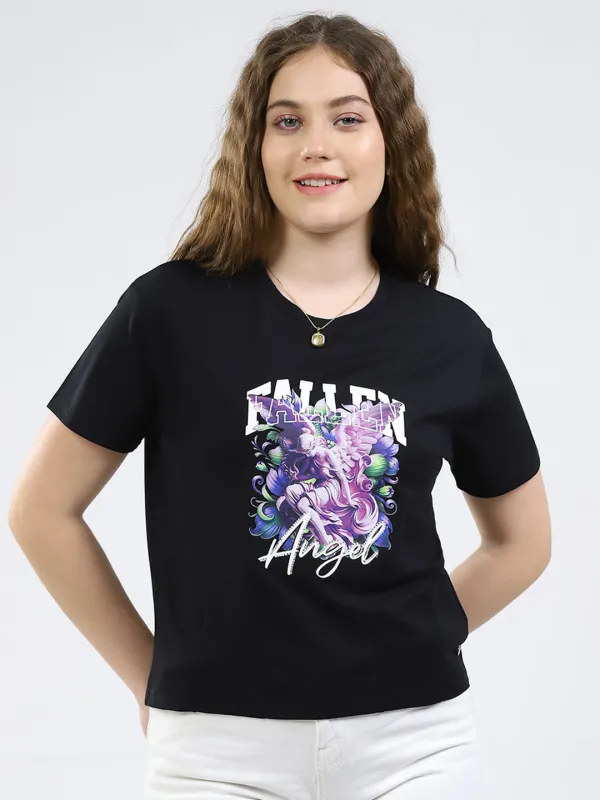 Women Black Printed Round Neck Half Sleeve Top sold by Monte Carlo