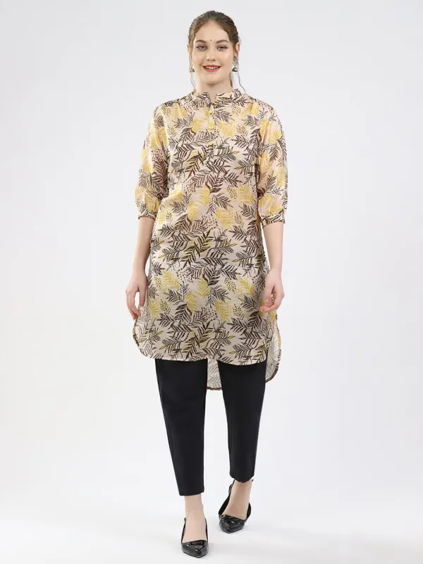 Women Beige Printed Round Neck 3/4th Sleeve Winter Kurti sold by Monte Carlo