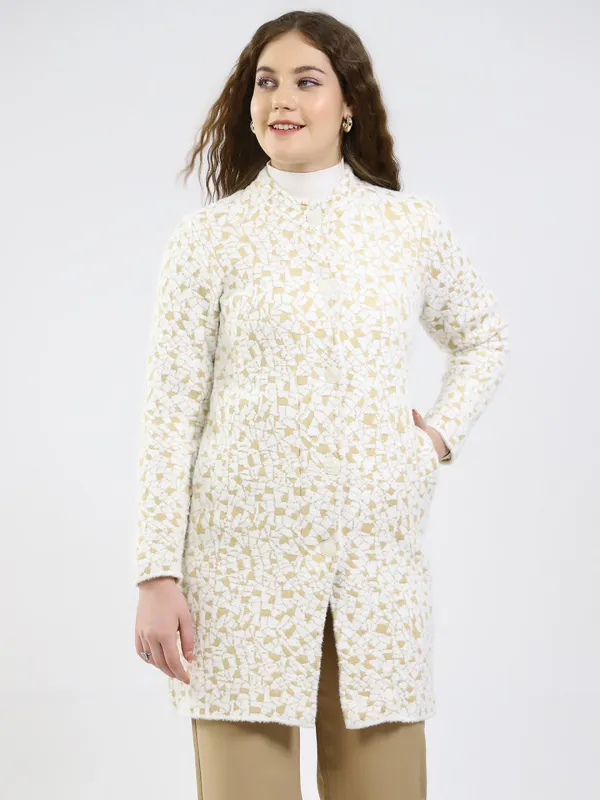Women White Printed Round Neck Full Sleeve Knitted Coat sold by Monte Carlo