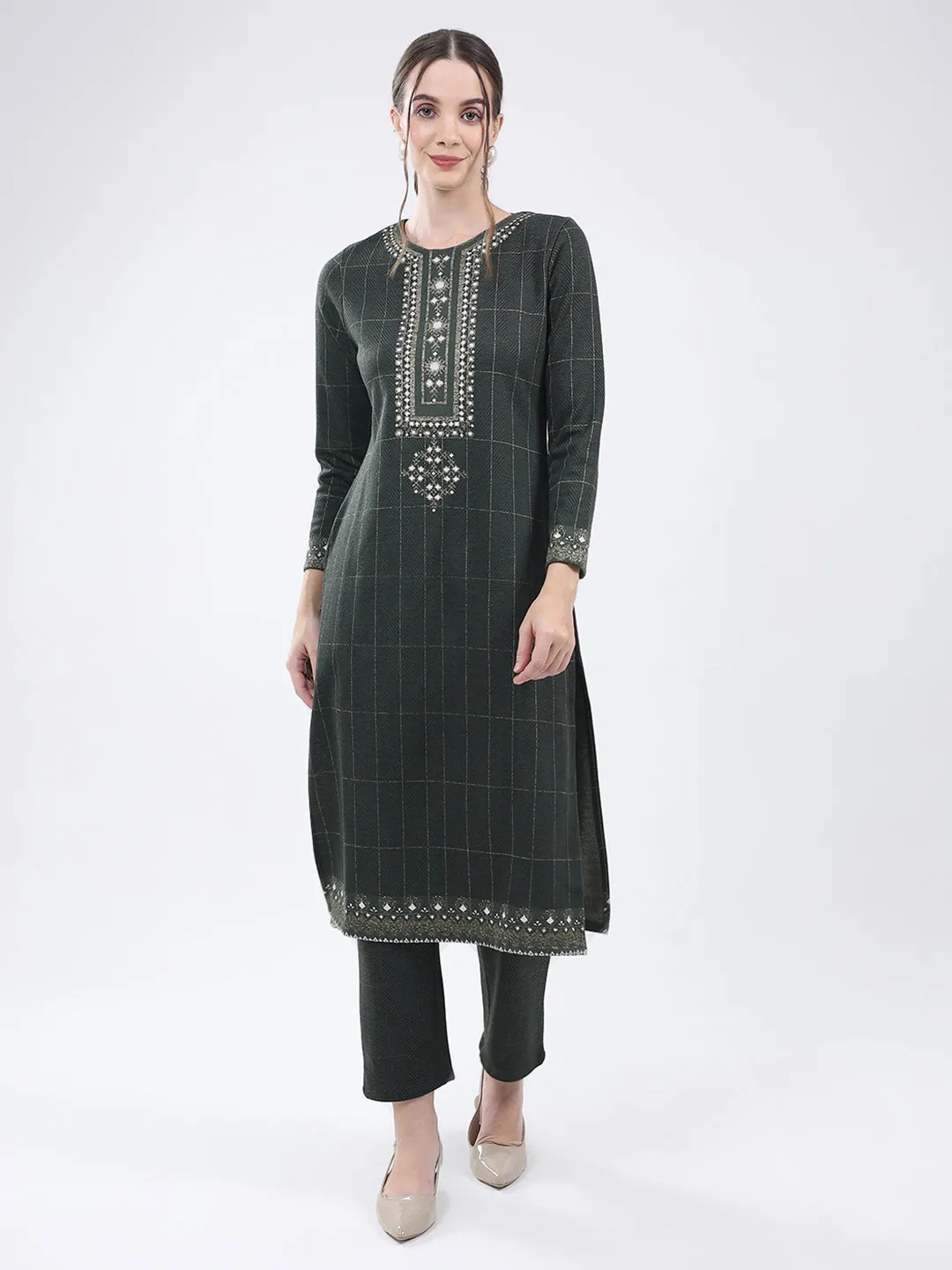Women Green Self Design Round Neck Full Sleeve Kurti Set for Winter sold by Monte Carlo