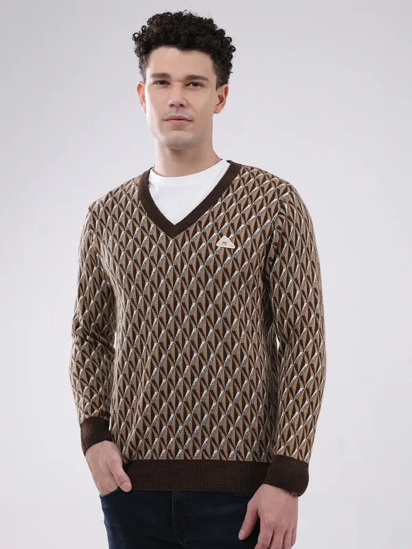 Men Brown Self Design V Neck Full Sleeve Pullover made by Monte Carlo